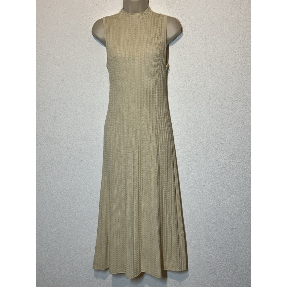 Theory Ivory Cable Knit Sweater Dress Wool Midi Small‎ Timeless Statement Luxury